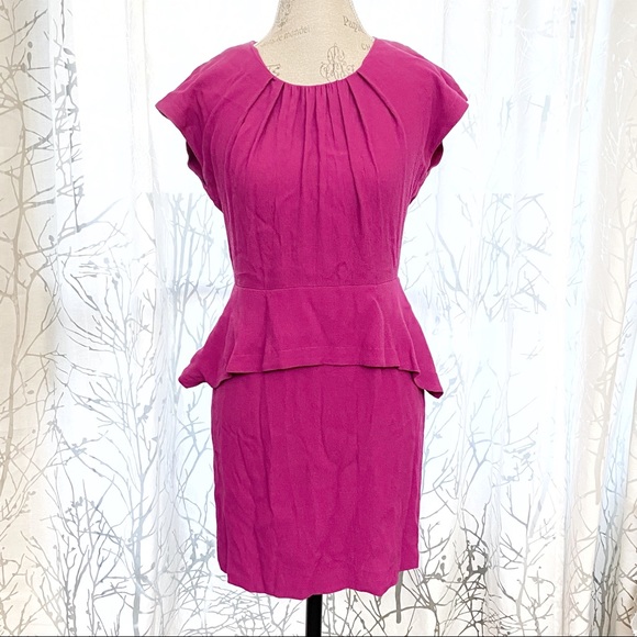 Sandro Dresses & Skirts - Sandro ribambelle pink purple pleated scoop neck short sleeve peplum midi dress